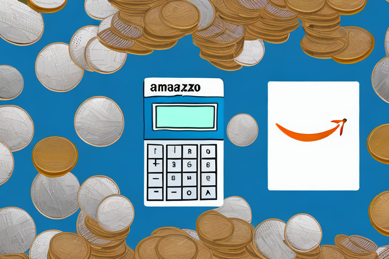 A calculator surrounded by amazon packages and stacks of coins