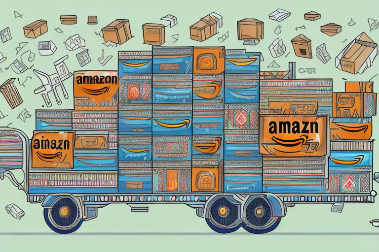 A bustling digital marketplace with various amazon packages being transported on traditional pakistani trucks