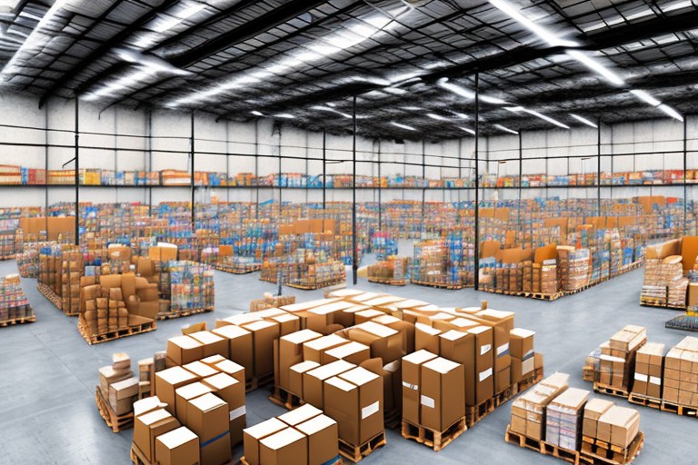 A bustling warehouse with various packages being prepared for shipment