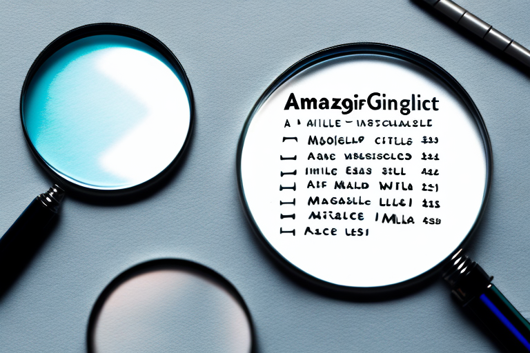 A magnifying glass over a stylized amazon product listing