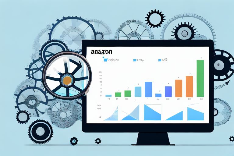 A computer screen displaying a chart with rising graphs and various amazon product listings