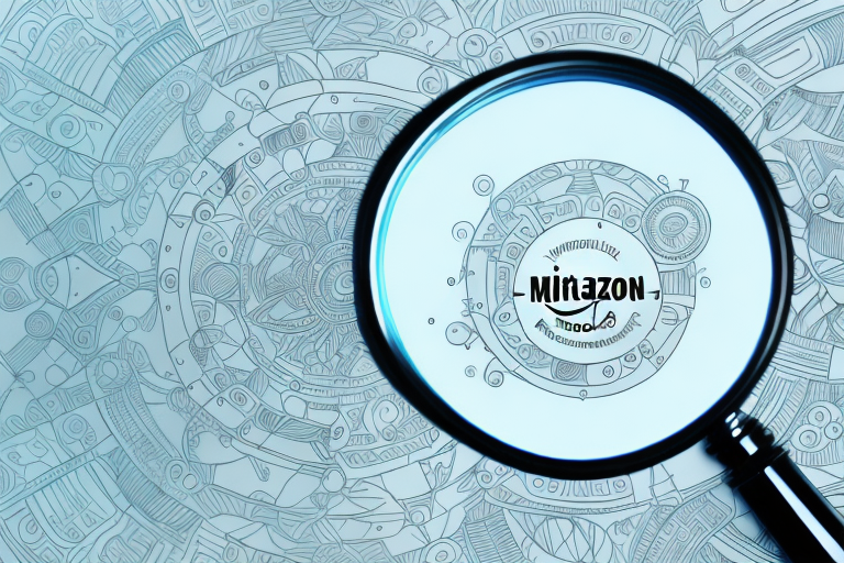 A magnifying glass hovering over a stylized amazon product listing