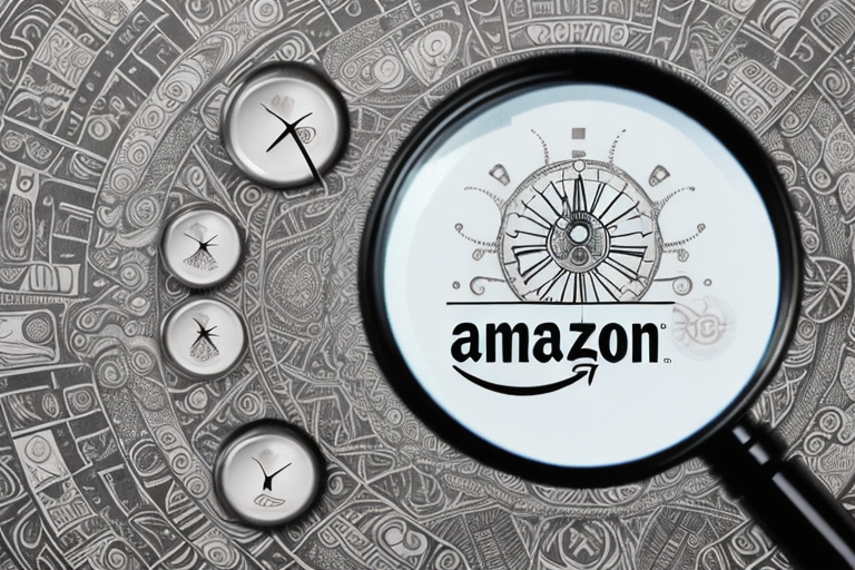 A magnifying glass hovering over a stylized amazon product listing