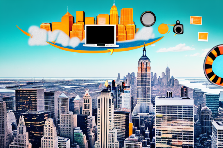 A vibrant new york skyline with amazon packages soaring in the sky