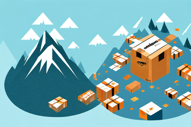 A mountain peak with an amazon delivery box on top