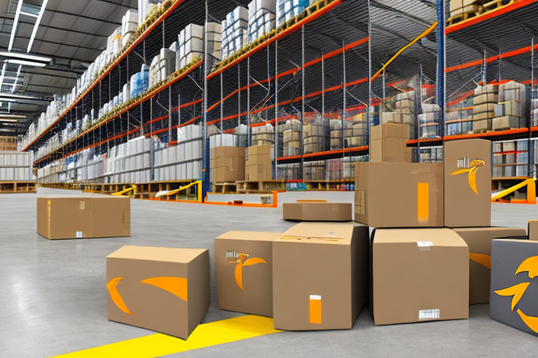A warehouse with amazon packages being sorted into different bins