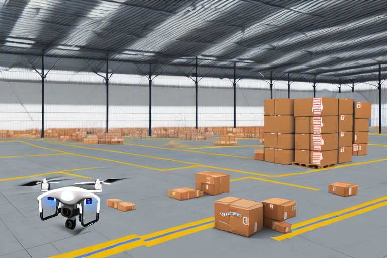 A warehouse with a drone carrying a package towards an amazon fba delivery truck