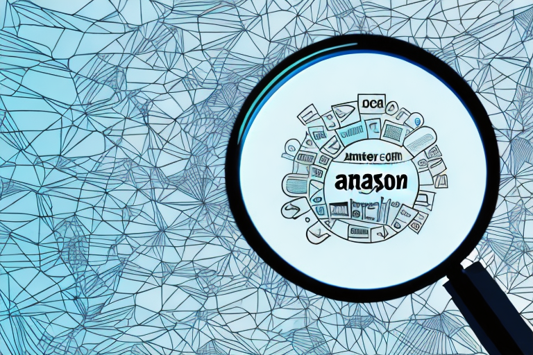 A magnifying glass hovering over an abstract representation of an amazon product listing