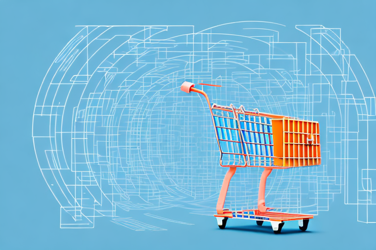 An abstract representation of amazon's iconic shopping cart navigating through a complex maze