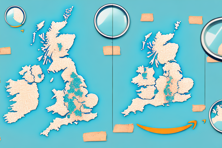 A map of the uk with amazon's symbolic arrow pointing towards a magnifying glass