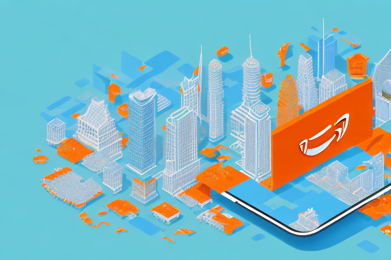 A vibrant orange county skyline with amazon-themed icons such as a shopping cart