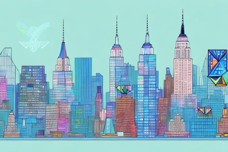 A vibrant new york city skyline with symbolic elements of amazon (like the amazon box or the amazon arrow) and marketing tools (like a magnifying glass or a chart) integrated into the buildings