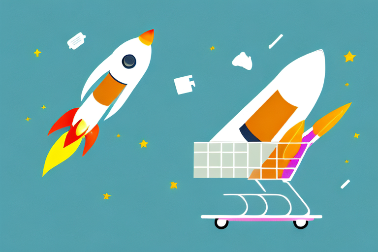 A rocket taking off from a shopping cart filled with various products