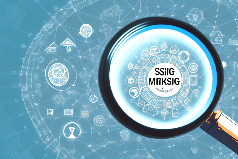 A magnifying glass hovering over a digital landscape with various symbolic icons representing different digital marketing elements (like seo