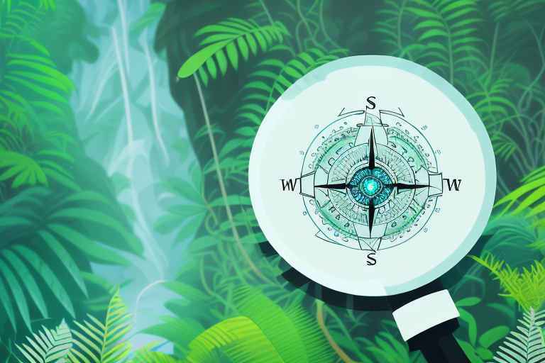 A magnifying glass hovering over a stylized amazon river flowing through a dense jungle