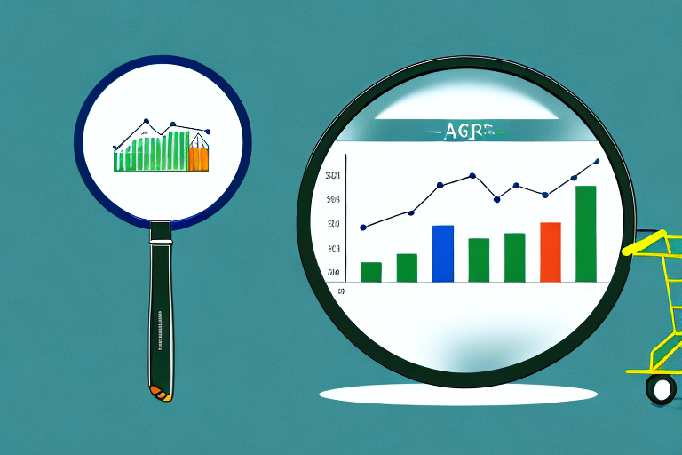 A magnifying glass focusing on a bar graph showing growth