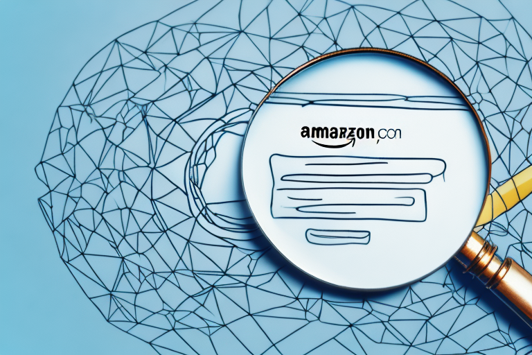 A magnifying glass hovering over a stylized amazon website layout