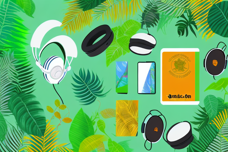 A vibrant amazon rainforest with various products (like a book