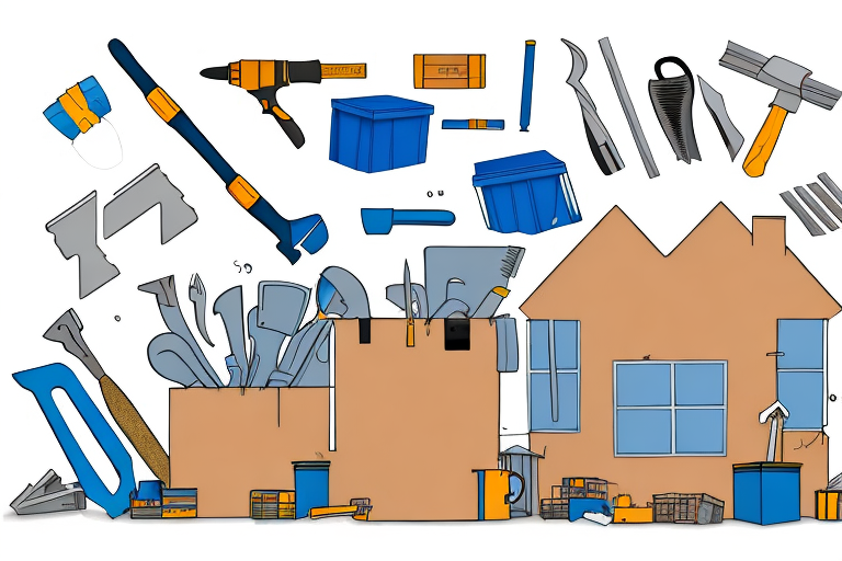 A house under construction with various home improvement tools and amazon boxes scattered around