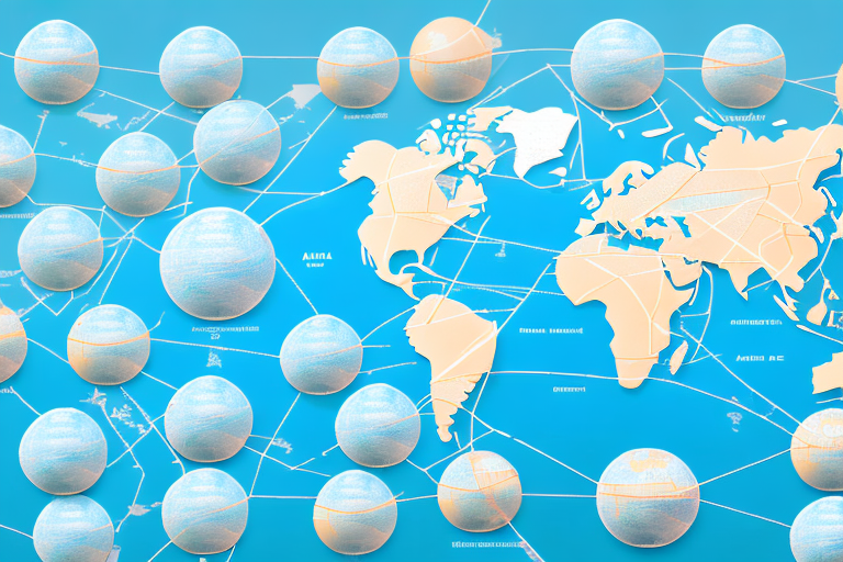 A globe with various international shipping routes leading to an amazon warehouse
