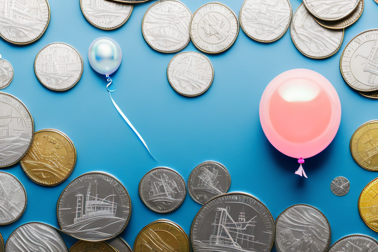 A helium balloon floating above a collection of differently sized coins