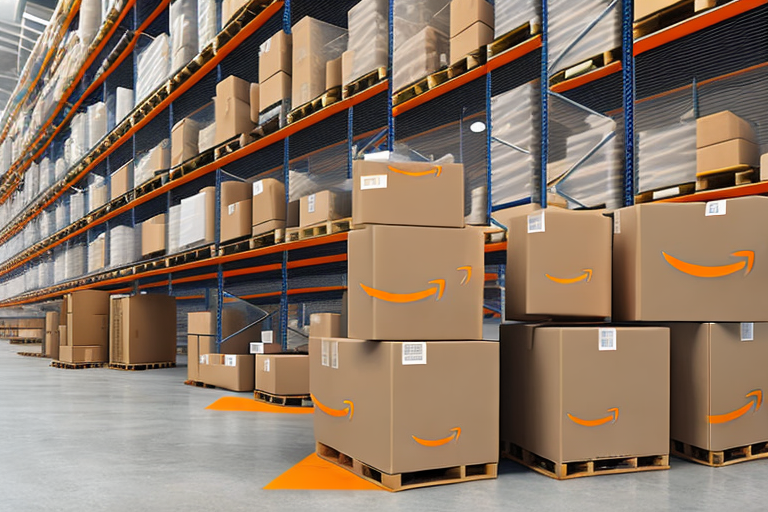 A warehouse with amazon-branded boxes being loaded onto a delivery truck
