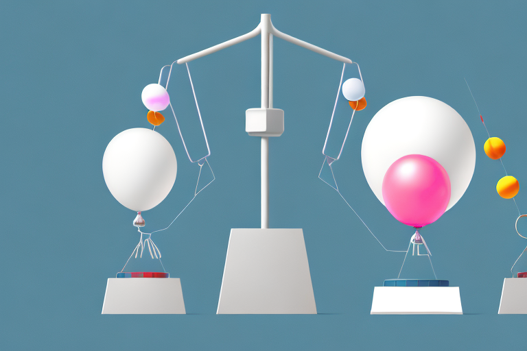 A balanced scale with helium balloons on one side representing the 'pros' and weights on the other side representing the 'cons'