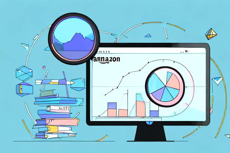 A magnifying glass hovering over a computer screen displaying a bar graph and pie chart