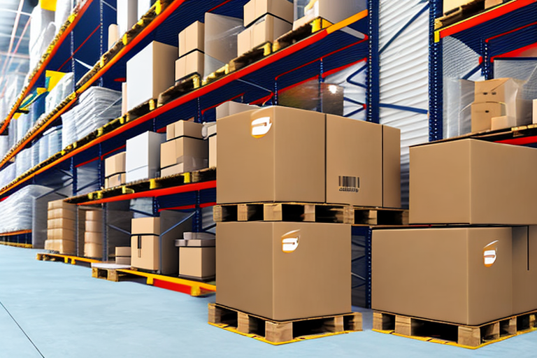 A warehouse with amazon fba boxes being loaded onto a delivery truck