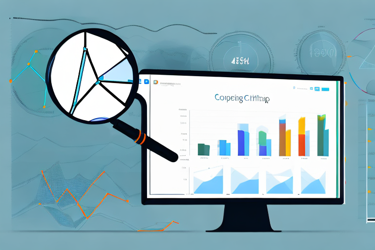 A magnifying glass hovering over a computer screen displaying various charts and graphs