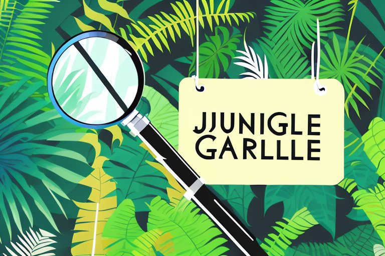 A jungle scene with a magnifying glass focusing on a symbolic discount tag hanging from a tree