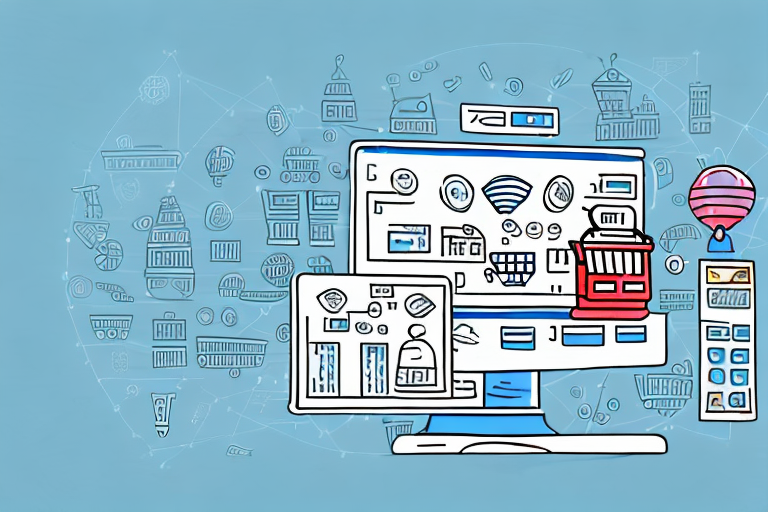 Various e-commerce tools such as a magnifying glass over a computer screen showing graphs