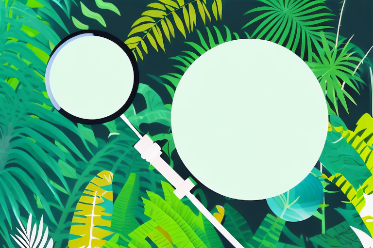 A jungle scene with a magnifying glass highlighting a tag with a percentage symbol