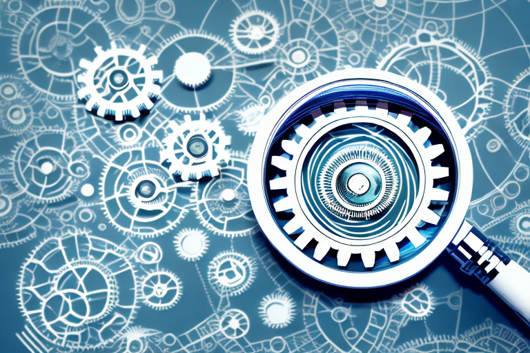 A magnifying glass focusing on a gear system