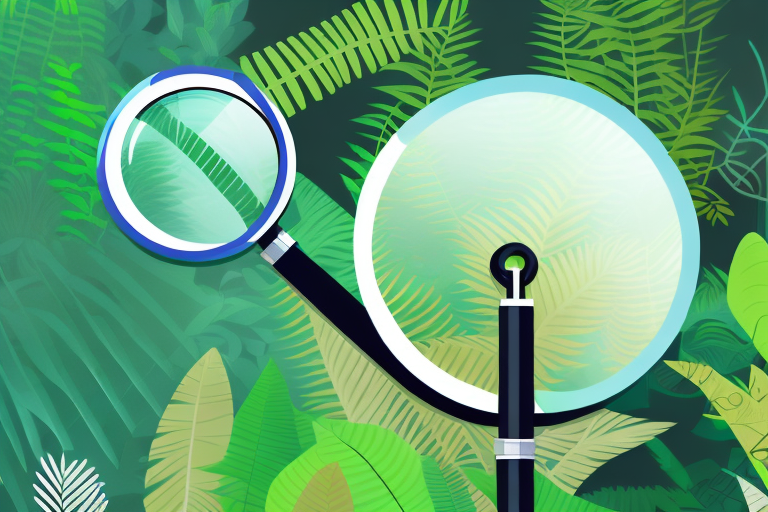 A magnifying glass examining a stylized amazon rainforest