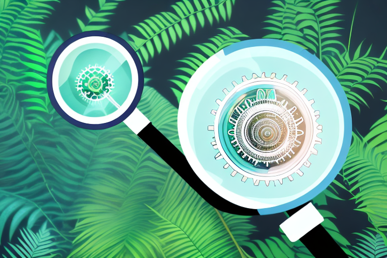 A magnifying glass hovering over a stylized amazon jungle