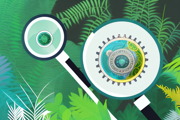 A magnifying glass hovering over a stylized representation of the amazon rainforest