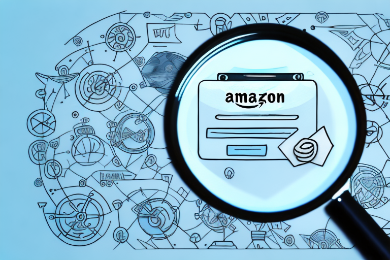 A magnifying glass hovering over a stylized amazon website interface