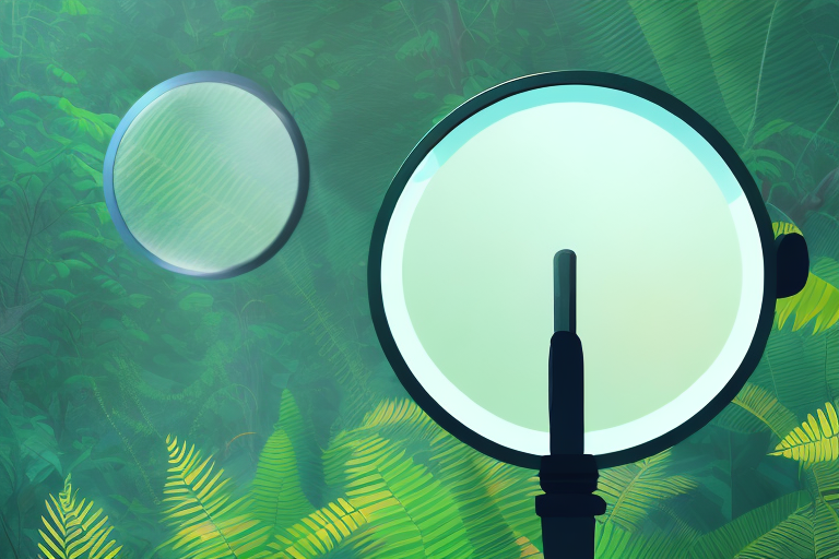 A magnifying glass hovering over a stylized amazon rainforest