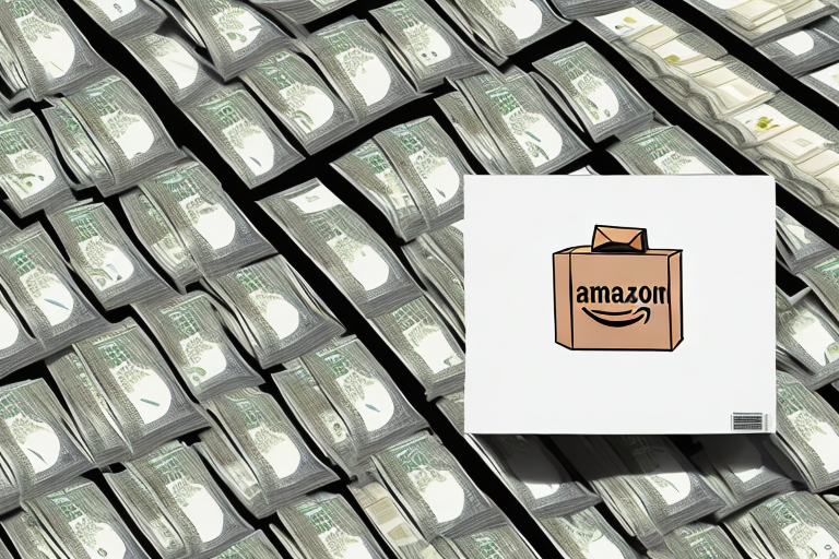 An amazon box surrounded by dollar bills and a tax form