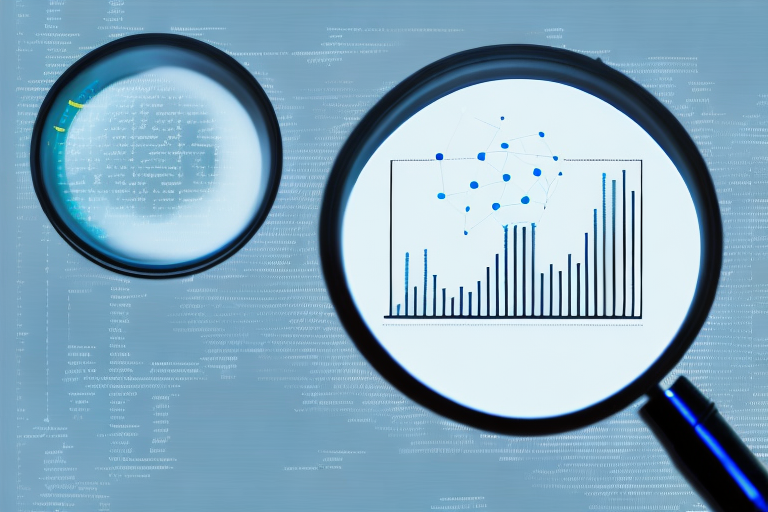 A magnifying glass hovering over a computer screen displaying a graph of increasing sales