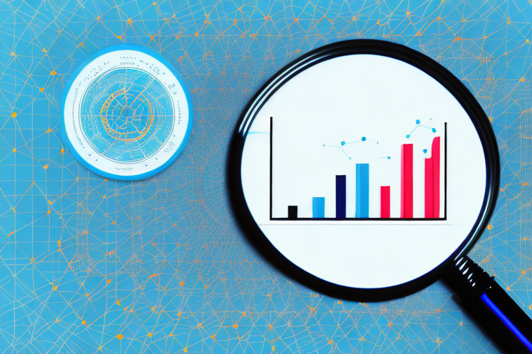 A magnifying glass focusing on a computer screen displaying a bar graph indicating growth