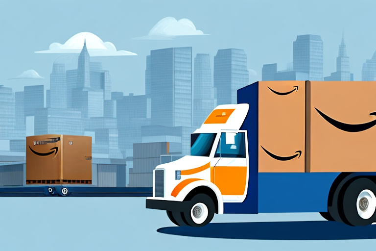 A package being loaded onto a delivery truck with an amazon fba warehouse in the background