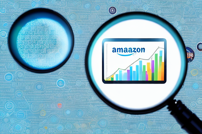 A magnifying glass focusing on a digital screen displaying a graph that represents improved amazon rankings