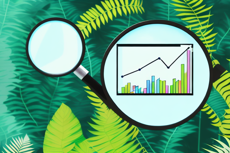 A magnifying glass focusing on a computer screen displaying a bar graph indicating growth