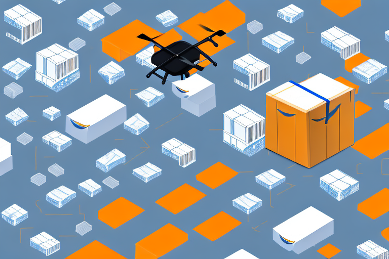 A warehouse full of packaged goods with an amazon delivery drone flying overhead