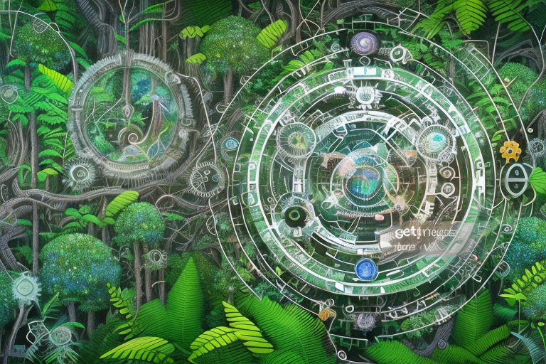 A magnifying glass hovering over a stylized amazon rainforest