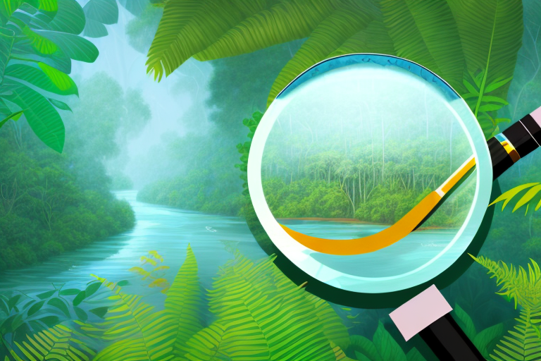 A magnifying glass over a stylized amazon river flowing through a jungle