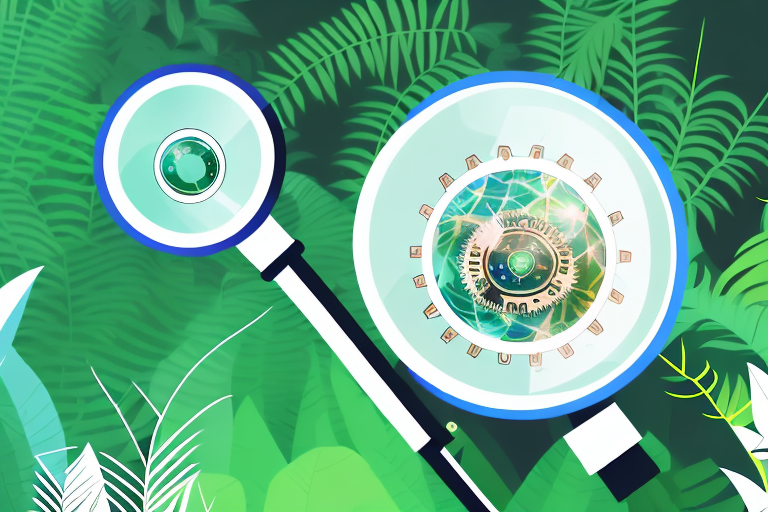 A magnifying glass hovering over a stylized amazon rainforest