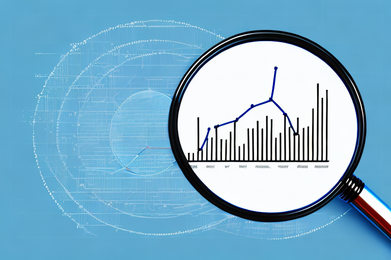 A magnifying glass focusing on a digital screen showing a graph with upward trending lines